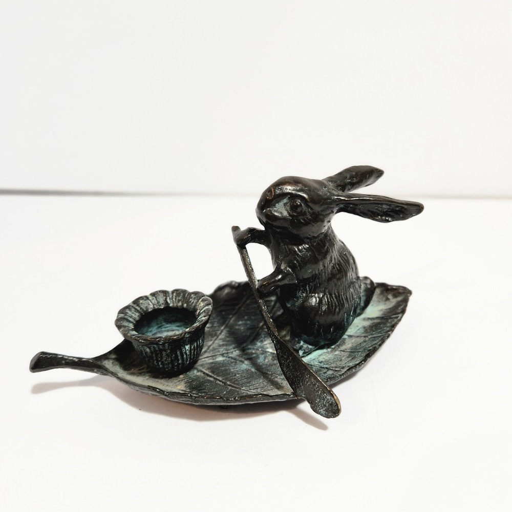 Vintage Bronze Rabbit on Leaf Sculpture Candle Holder Whimsical Animal Art Decor
